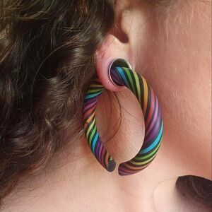 Black Rainbow Candy Swirl Clay Hoop Gauges 9mm